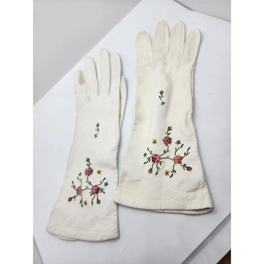 Vintage White Leather Gloves Womens Hand Embroidered Floral 1940s 50s